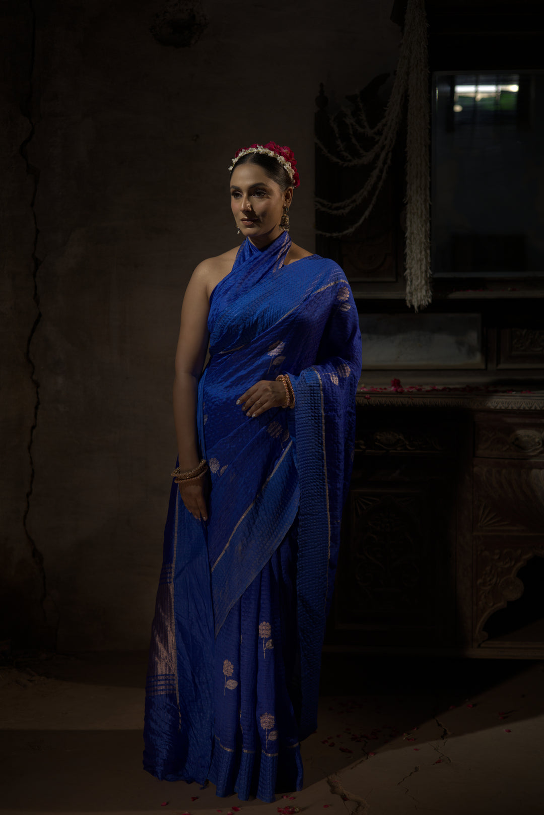 Royal Blue Crush Pure Katan Silk Banarasi Butidar Saree
