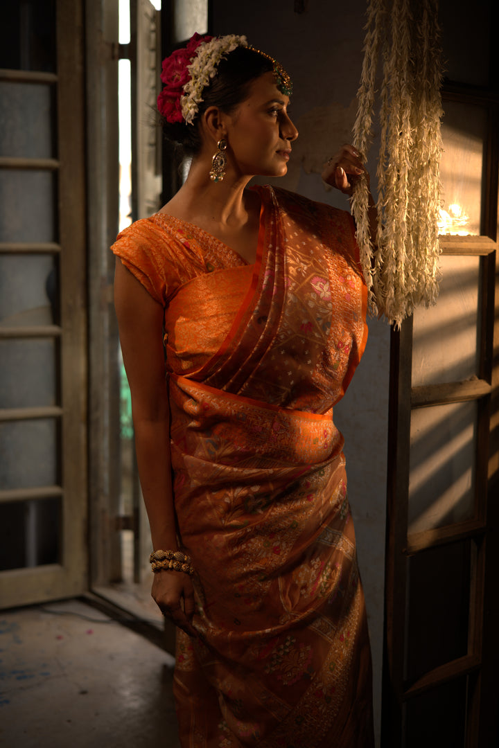 Rust Orange Handwoven Banarasi Pure Kora Jamdani Saree with Meenakari