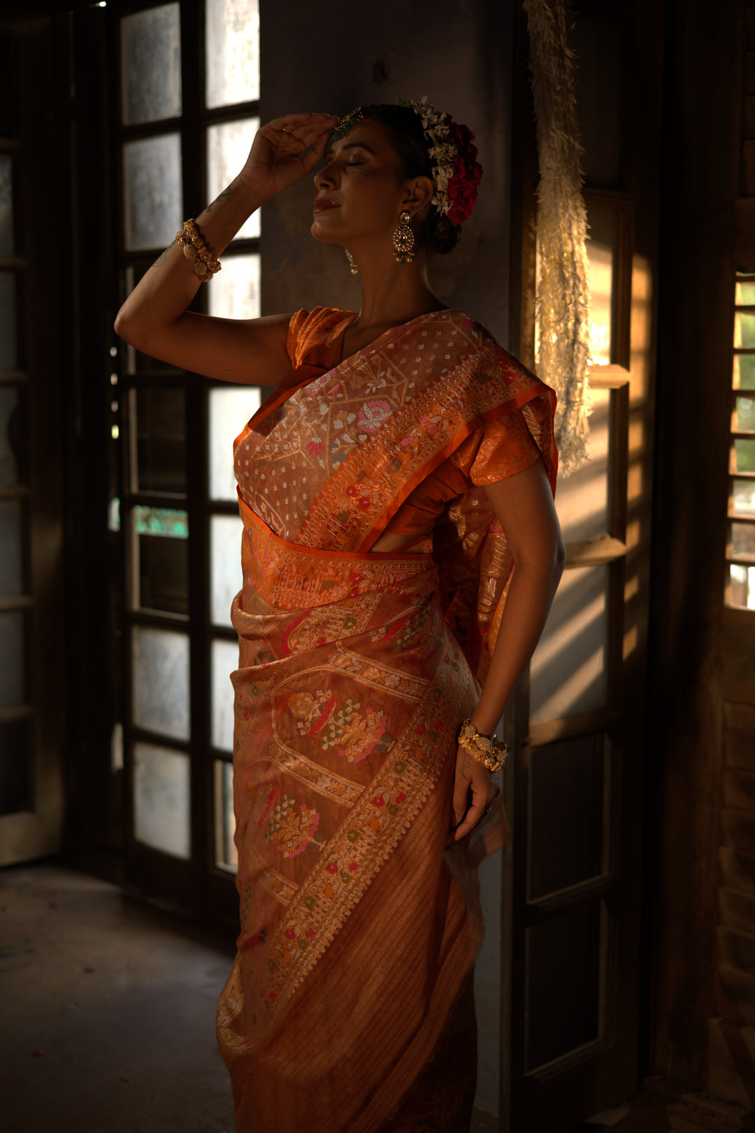 Rust Orange Handwoven Banarasi Pure Kora Jamdani Saree with Meenakari