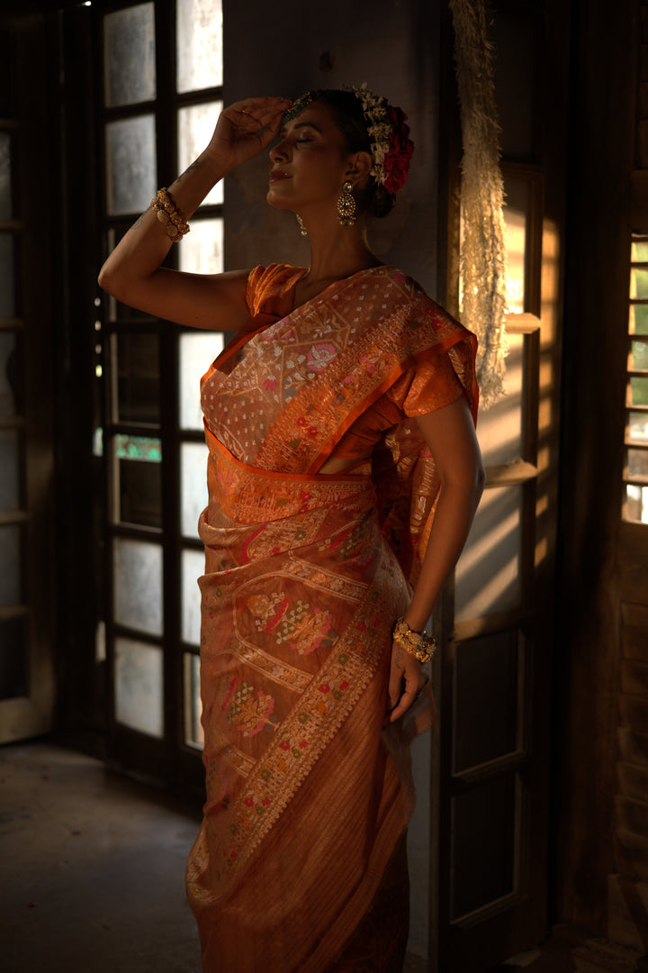 Rust Orange Handwoven Banarasi Pure Kora Jamdani Saree with Meenakari