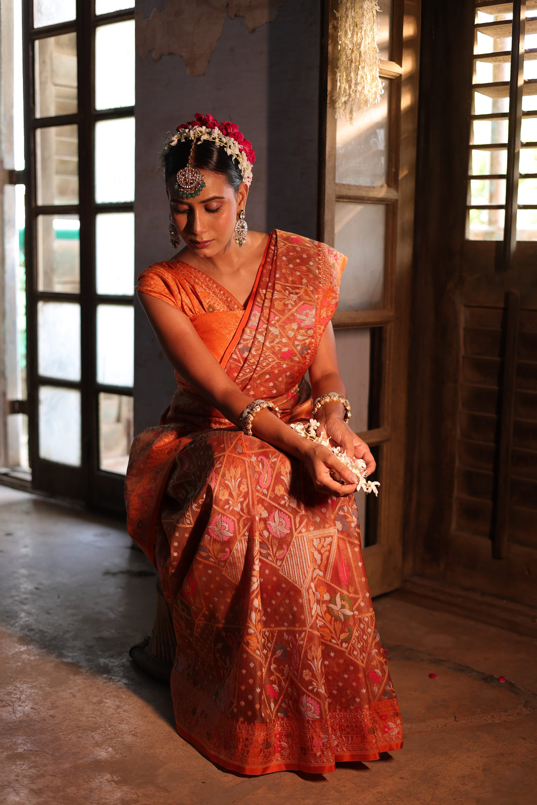 Rust Orange Handwoven Banarasi Pure Kora Jamdani Saree with Meenakari