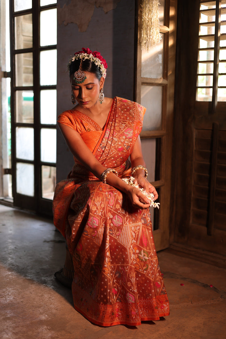 Rust Orange Handwoven Banarasi Pure Kora Jamdani Saree with Meenakari