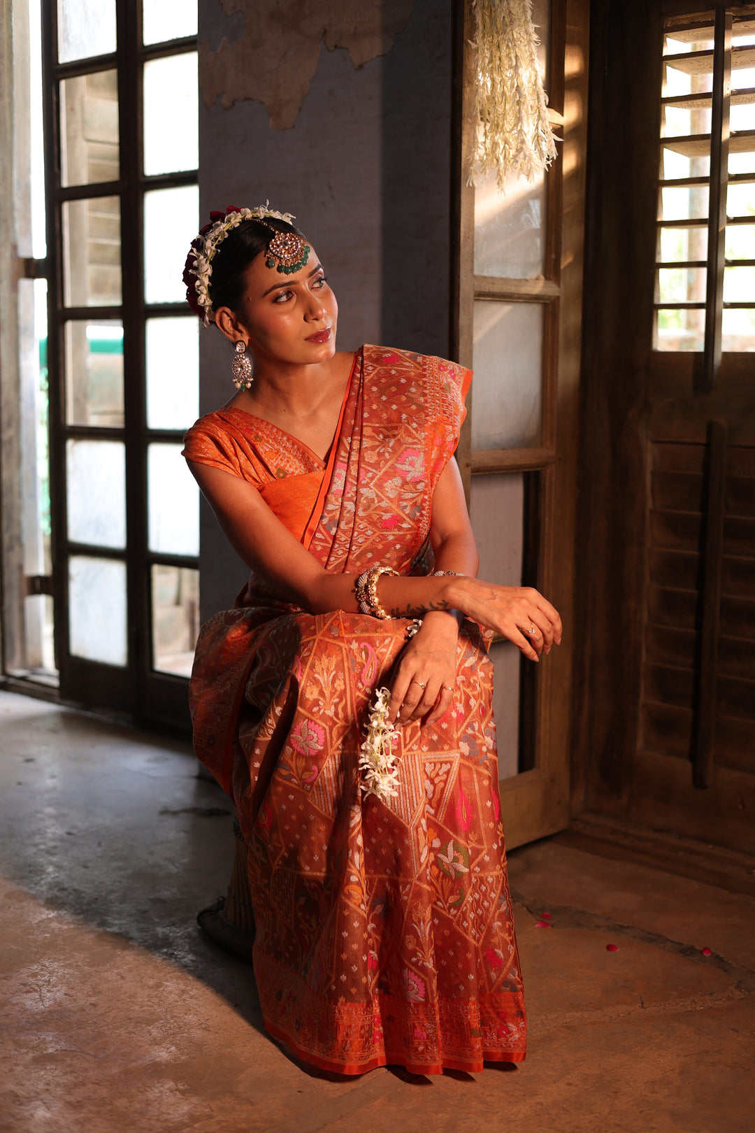Rust Orange Handwoven Banarasi Pure Kora Jamdani Saree with Meenakari