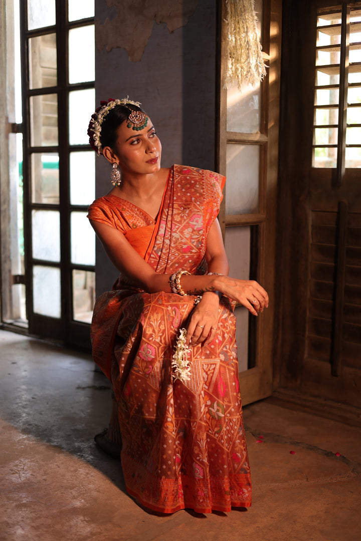 Rust Orange Handwoven Banarasi Pure Kora Jamdani Saree with Meenakari