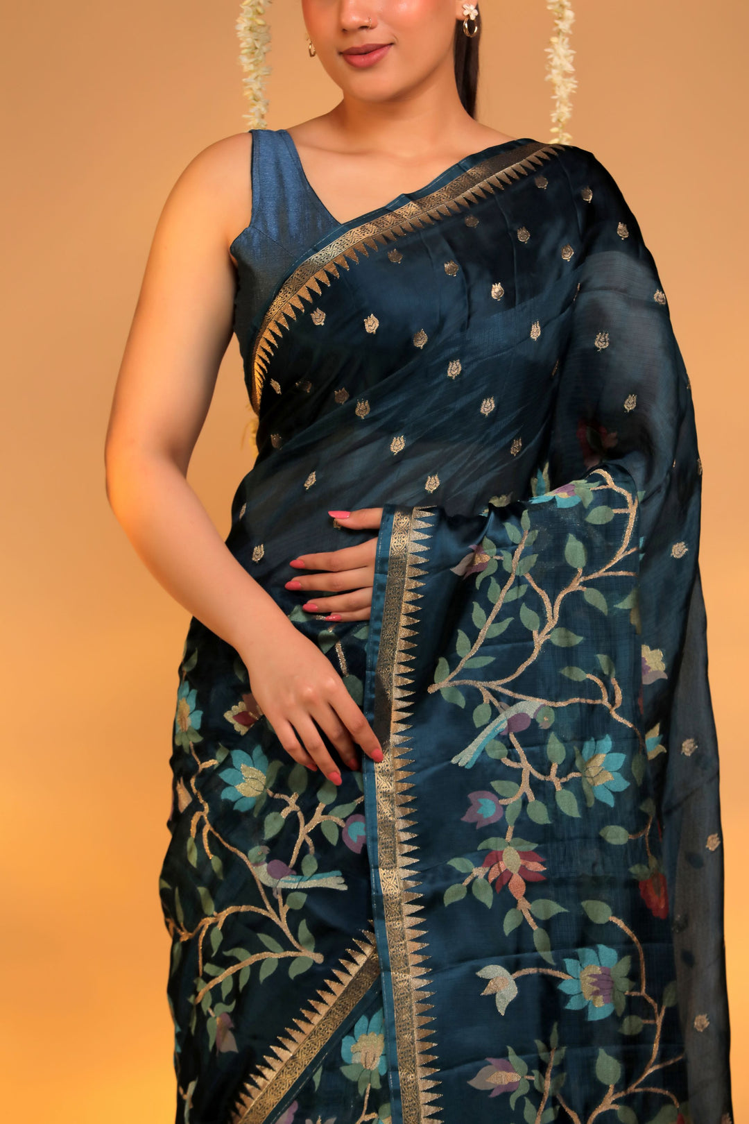 teal blue kota silk figure motif silk border saree closeup view