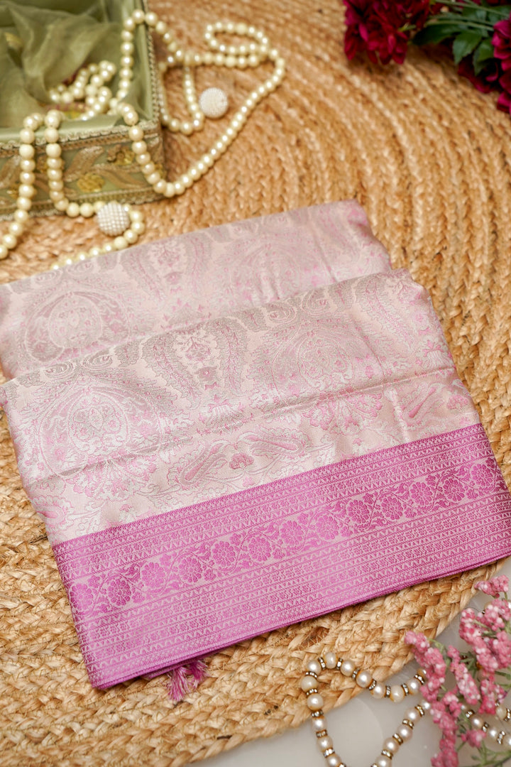 Cream Handwoven Banarasi Pure Tanchoi Silk Saree with Resham Weaving