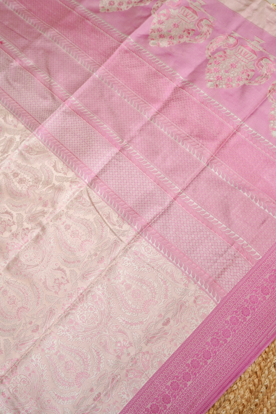 Cream Handwoven Banarasi Pure Tanchoi Silk Saree with Resham Weaving