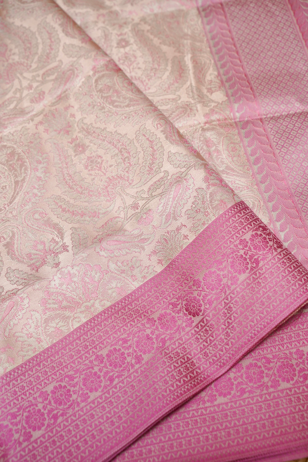 Cream Handwoven Banarasi Pure Tanchoi Silk Saree with Resham Weaving