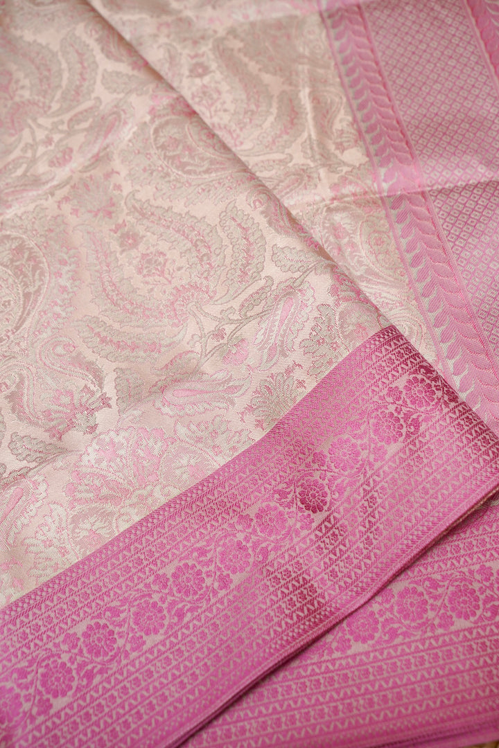 Cream Handwoven Banarasi Pure Tanchoi Silk Saree with Resham Weaving