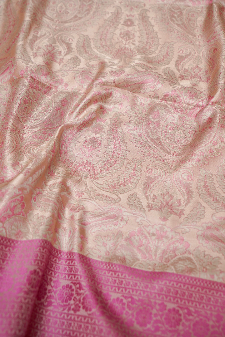 Cream Handwoven Banarasi Pure Tanchoi Silk Saree with Resham Weaving