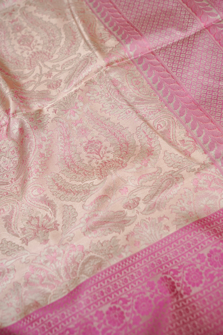 Cream Handwoven Banarasi Pure Tanchoi Silk Saree with Resham Weaving