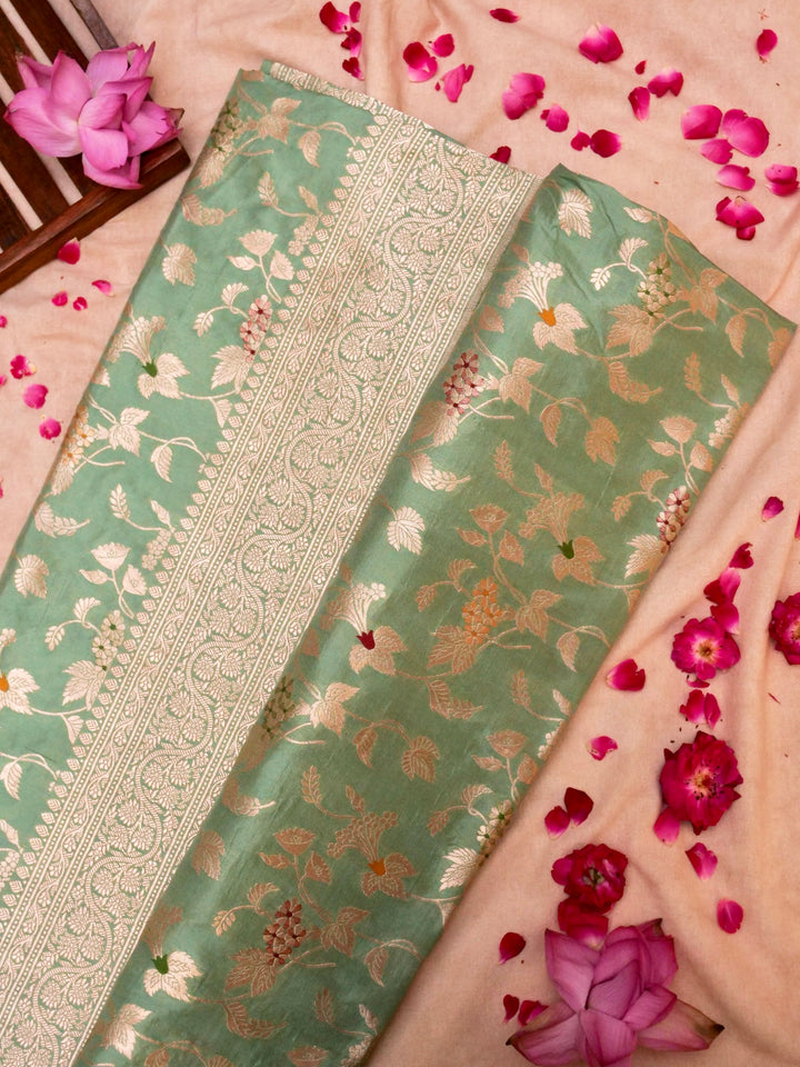 Pure Handloom Banarasi Mint Green Meenakari Floral Jaal Katan Silk Saree