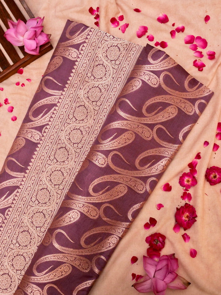 Pure Handloom Banarasi Lavender Paisley Katan Silk Saree