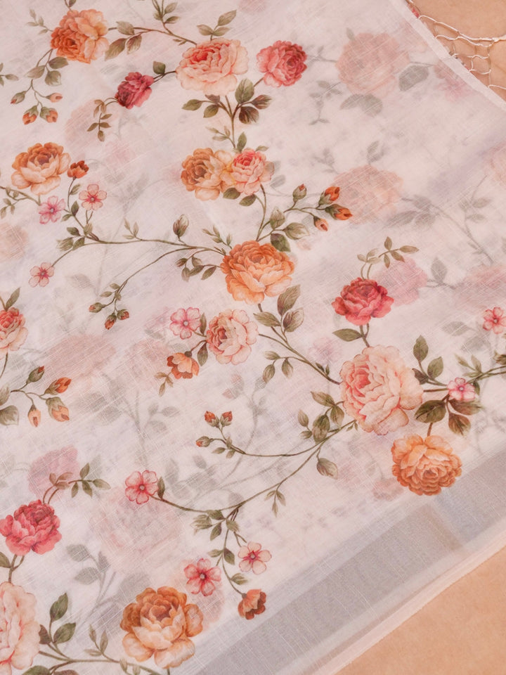 Soft White Floral Printed Cotton Kota Saree