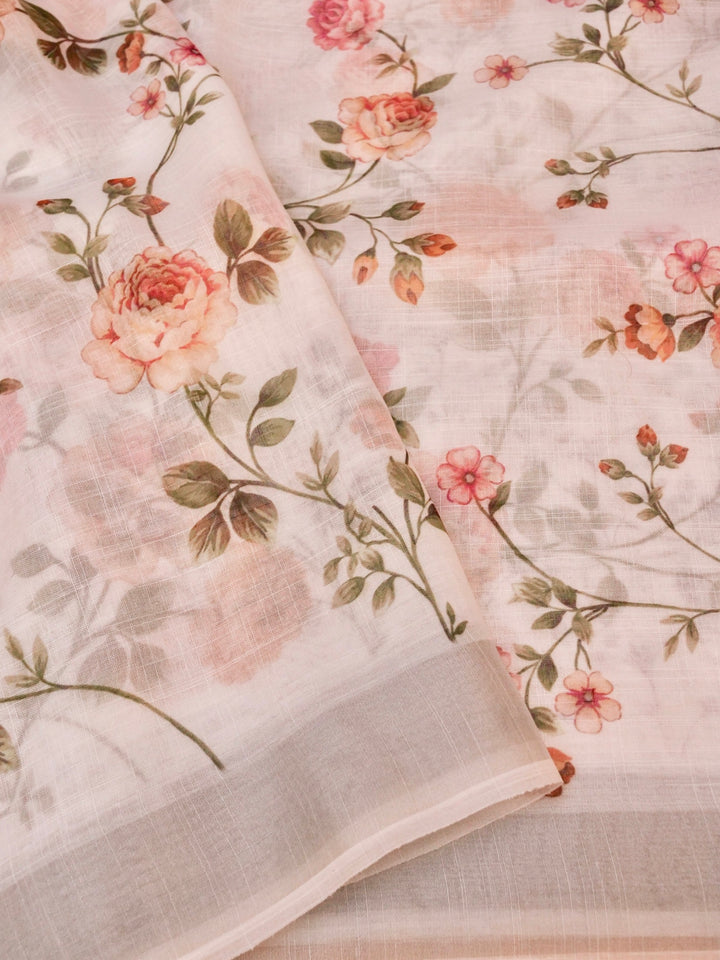 Soft White Floral Printed Cotton Kota Saree
