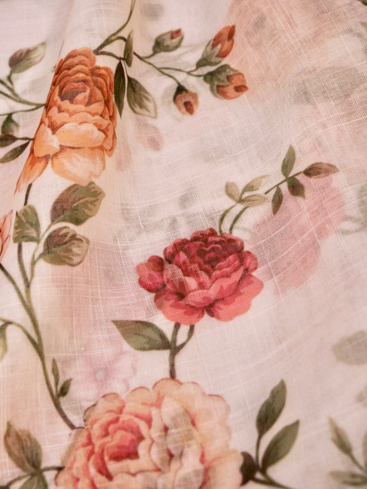 Soft White Floral Printed Cotton Kota Saree