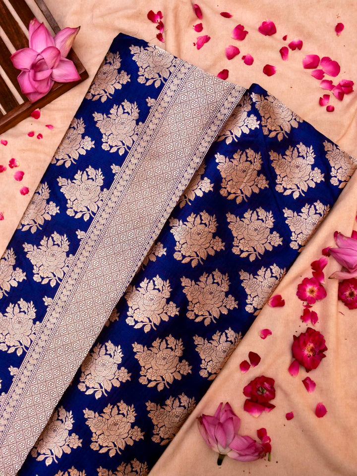 Pure Handloom Banarasi Blue Kadwa Gold Zari Katan Silk Saree