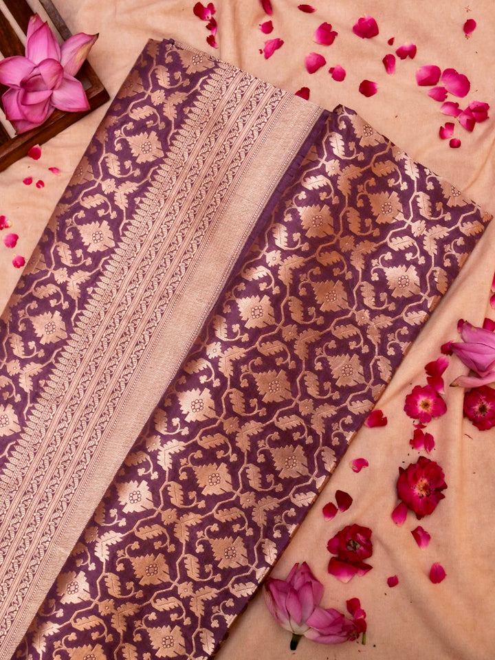 Pure Handloom Banarasi Mauve Jaal Katan Silk Saree