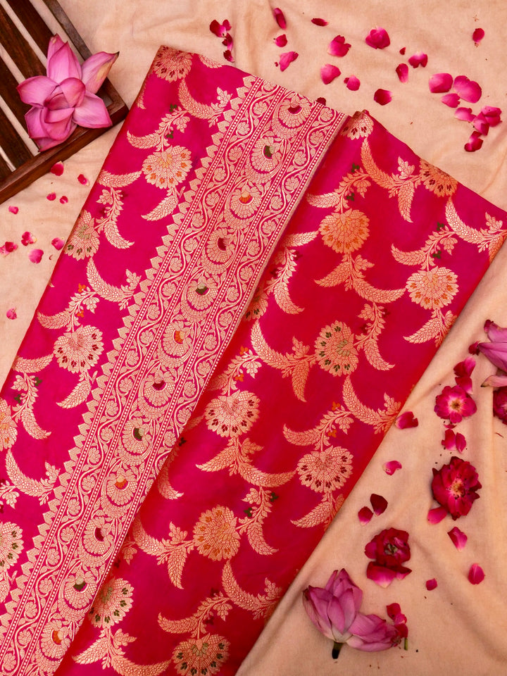 Pure Handloom Banarasi Hot Pink Meenakari Floral Jaal Katan Silk Saree