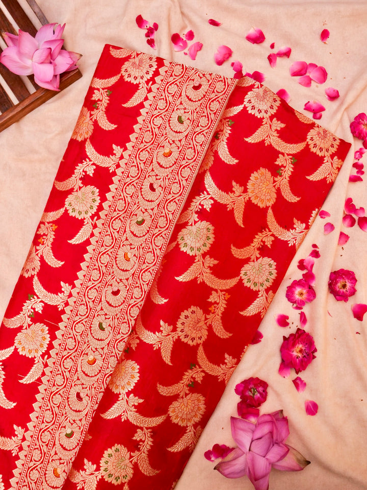 Handloom Banarasi Rich Red Floral Jaal Meenakari Saree