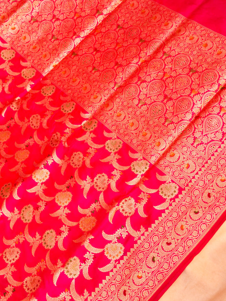 Pure Handloom Banarasi Hot Pink Meenakari Floral Jaal Katan Silk Saree