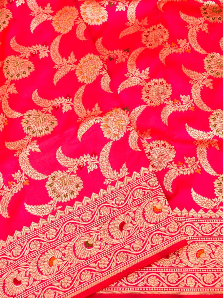 Pure Handloom Banarasi Hot Pink Meenakari Floral Jaal Katan Silk Saree