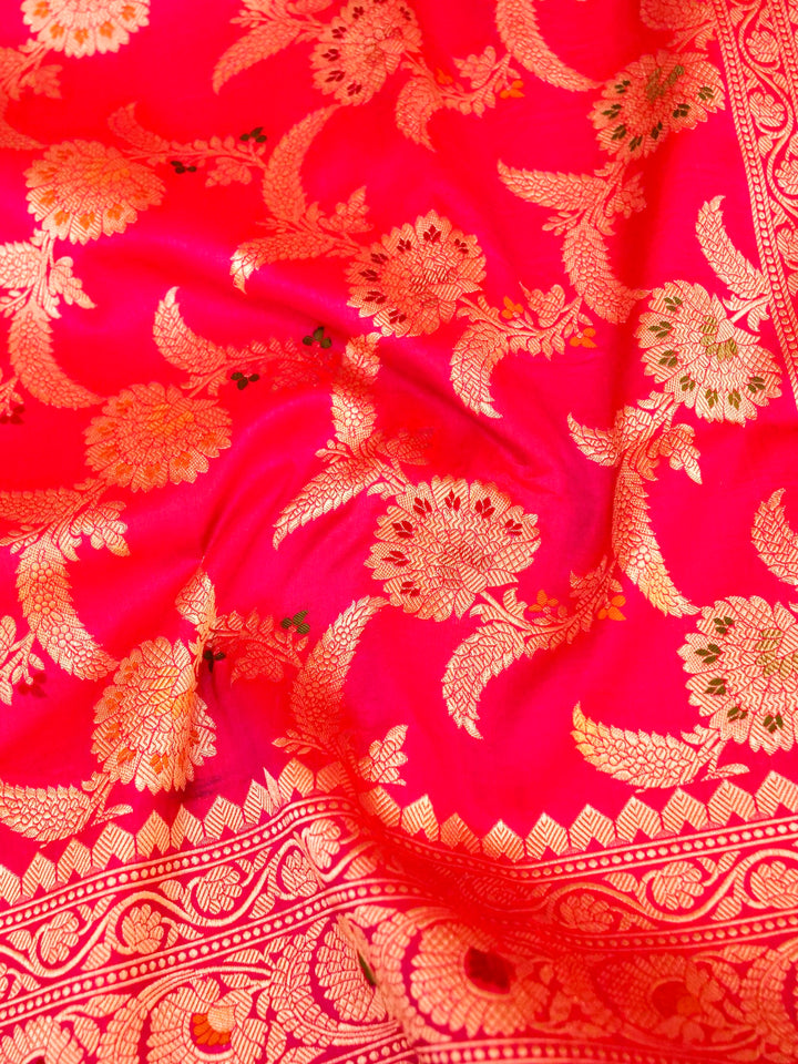 Pure Handloom Banarasi Hot Pink Meenakari Floral Jaal Katan Silk Saree