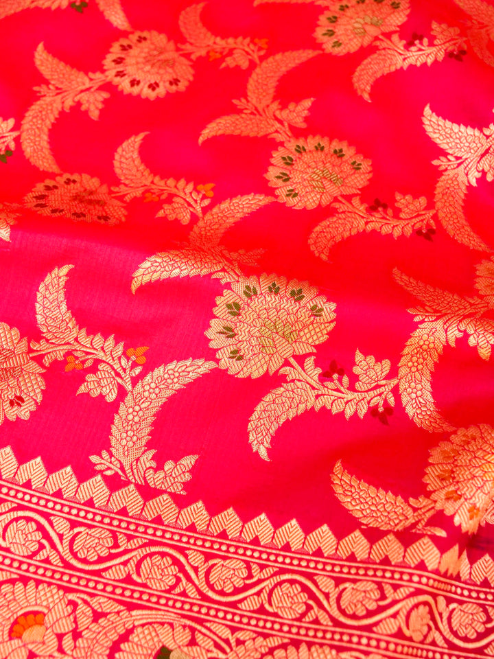 Pure Handloom Banarasi Hot Pink Meenakari Floral Jaal Katan Silk Saree