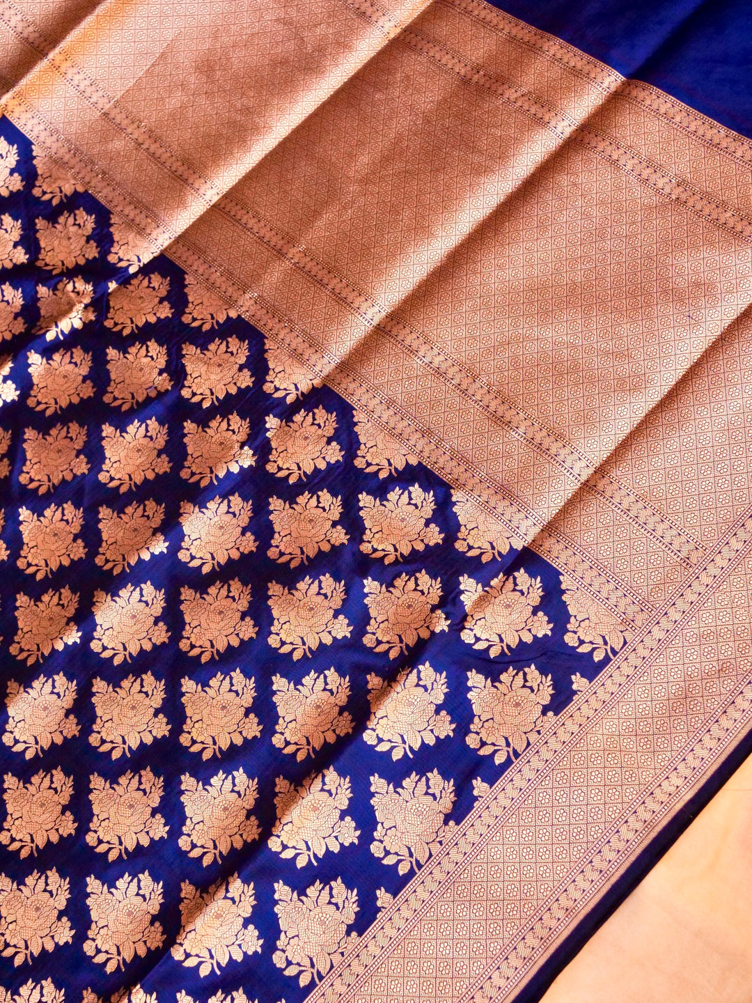 Pure Handloom Banarasi Blue Kadwa Gold Zari Katan Silk Saree