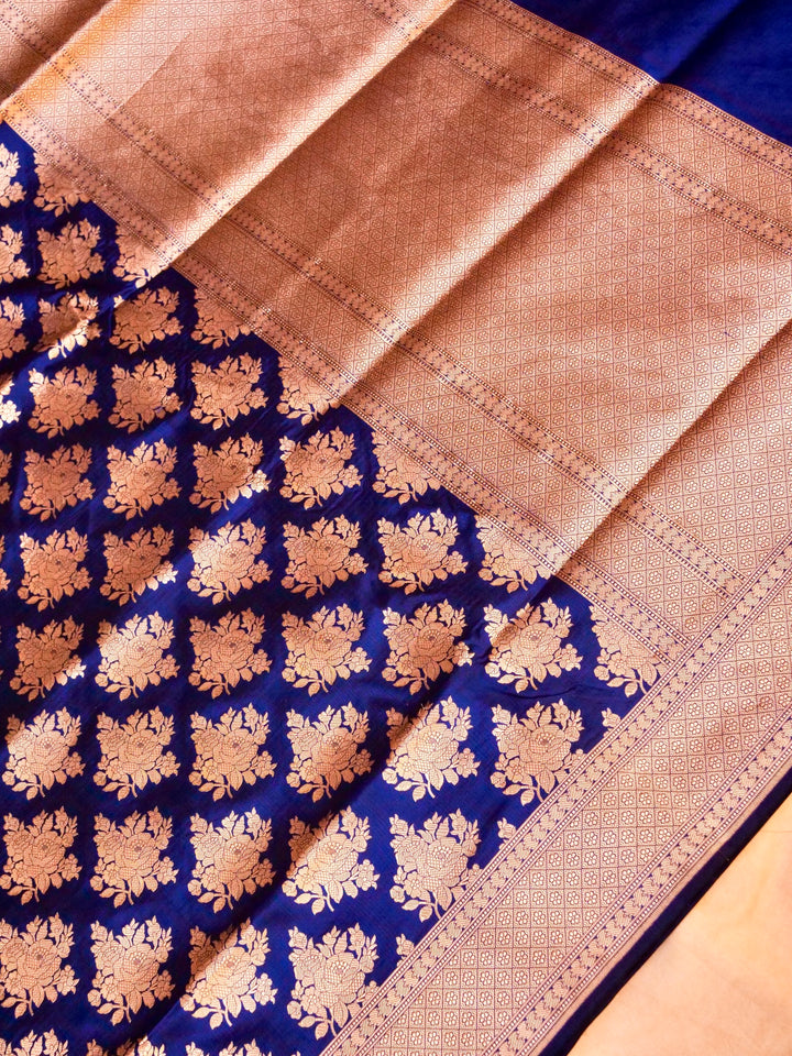 Pure Handloom Banarasi Blue Kadwa Gold Zari Katan Silk Saree