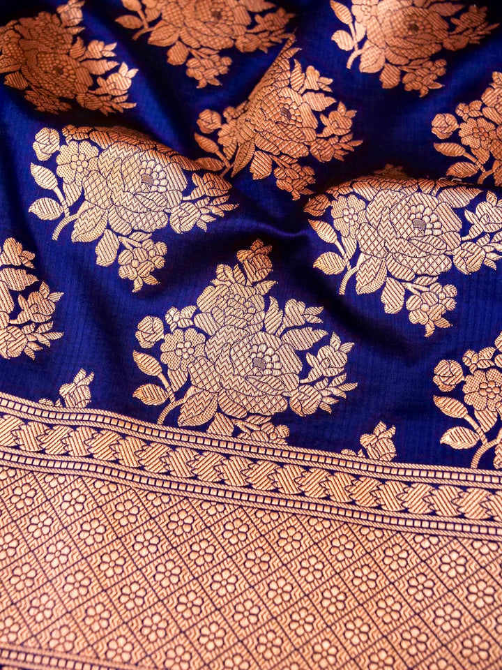 Pure Handloom Banarasi Blue Kadwa Gold Zari Katan Silk Saree