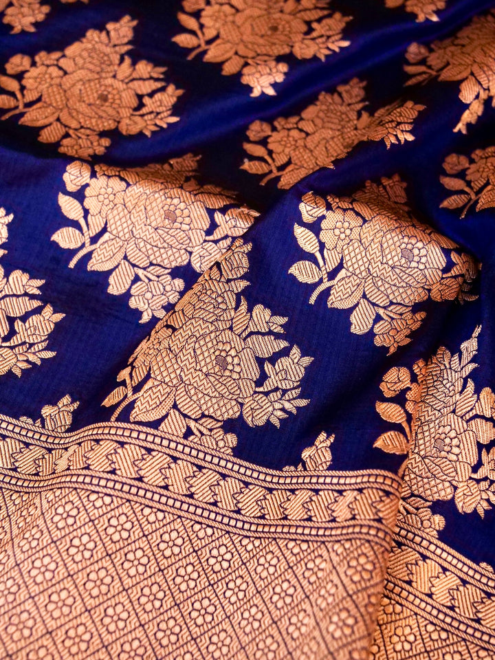 Pure Handloom Banarasi Blue Kadwa Gold Zari Katan Silk Saree