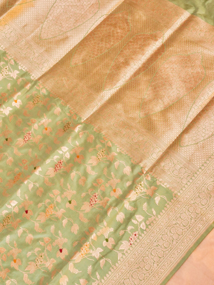 Pure Handloom Banarasi Mint Green Meenakari Floral Jaal Katan Silk Saree