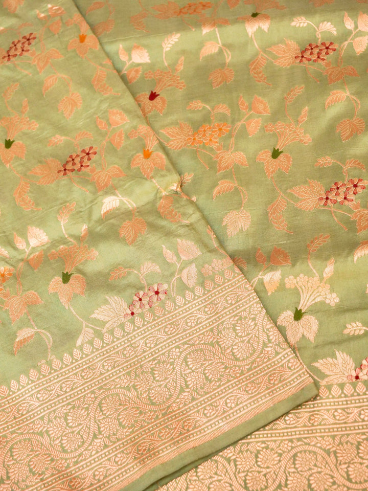 Pure Handloom Banarasi Mint Green Meenakari Floral Jaal Katan Silk Saree