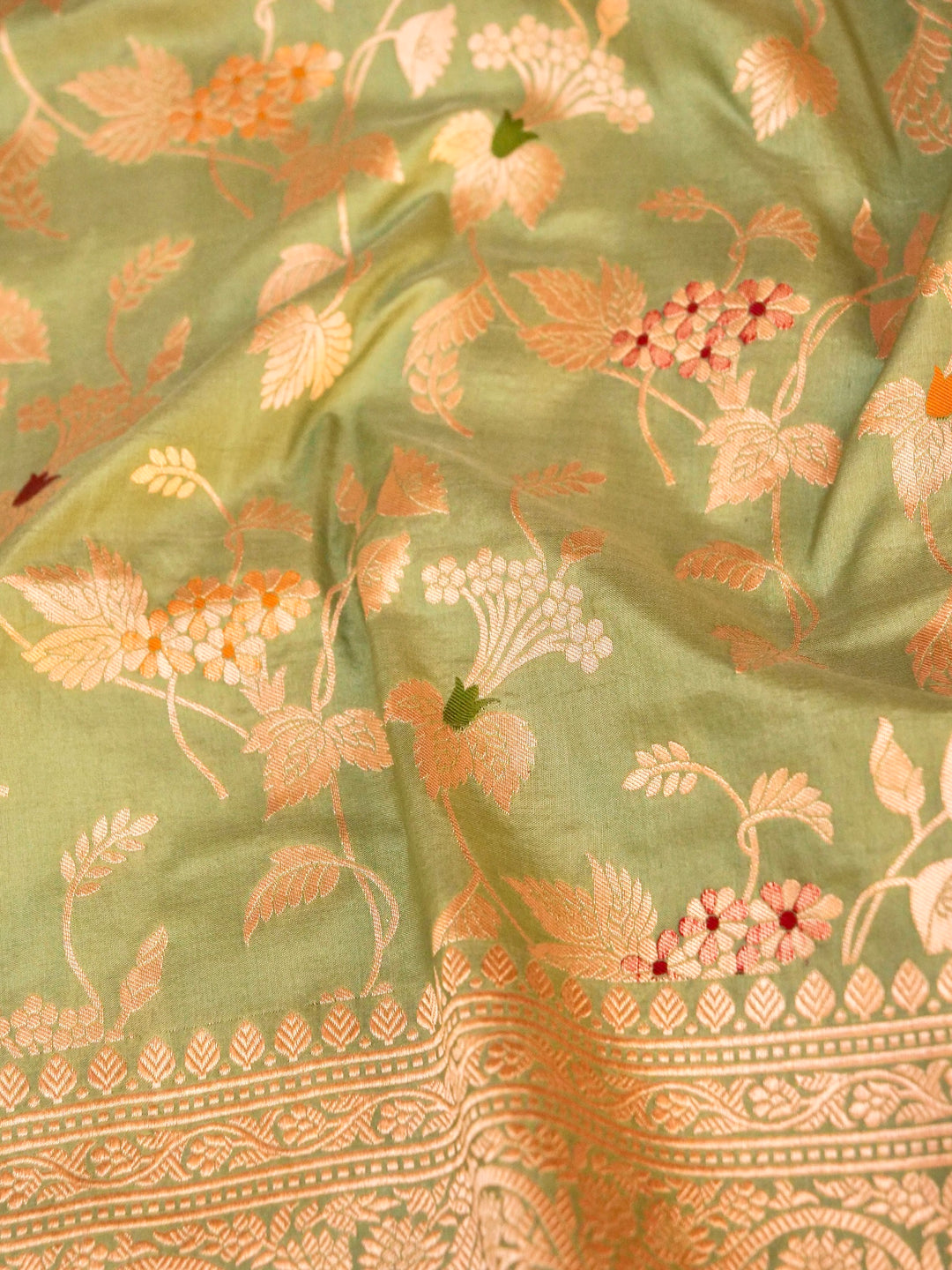 Pure Handloom Banarasi Mint Green Meenakari Floral Jaal Katan Silk Saree