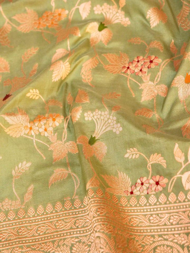 Pure Handloom Banarasi Mint Green Meenakari Floral Jaal Katan Silk Saree