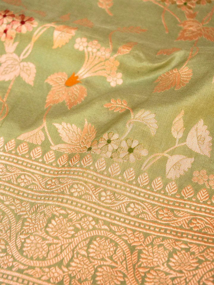 Pure Handloom Banarasi Mint Green Meenakari Floral Jaal Katan Silk Saree