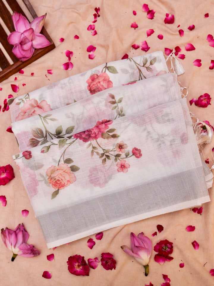 Soft White Floral Printed Cotton Kota Saree