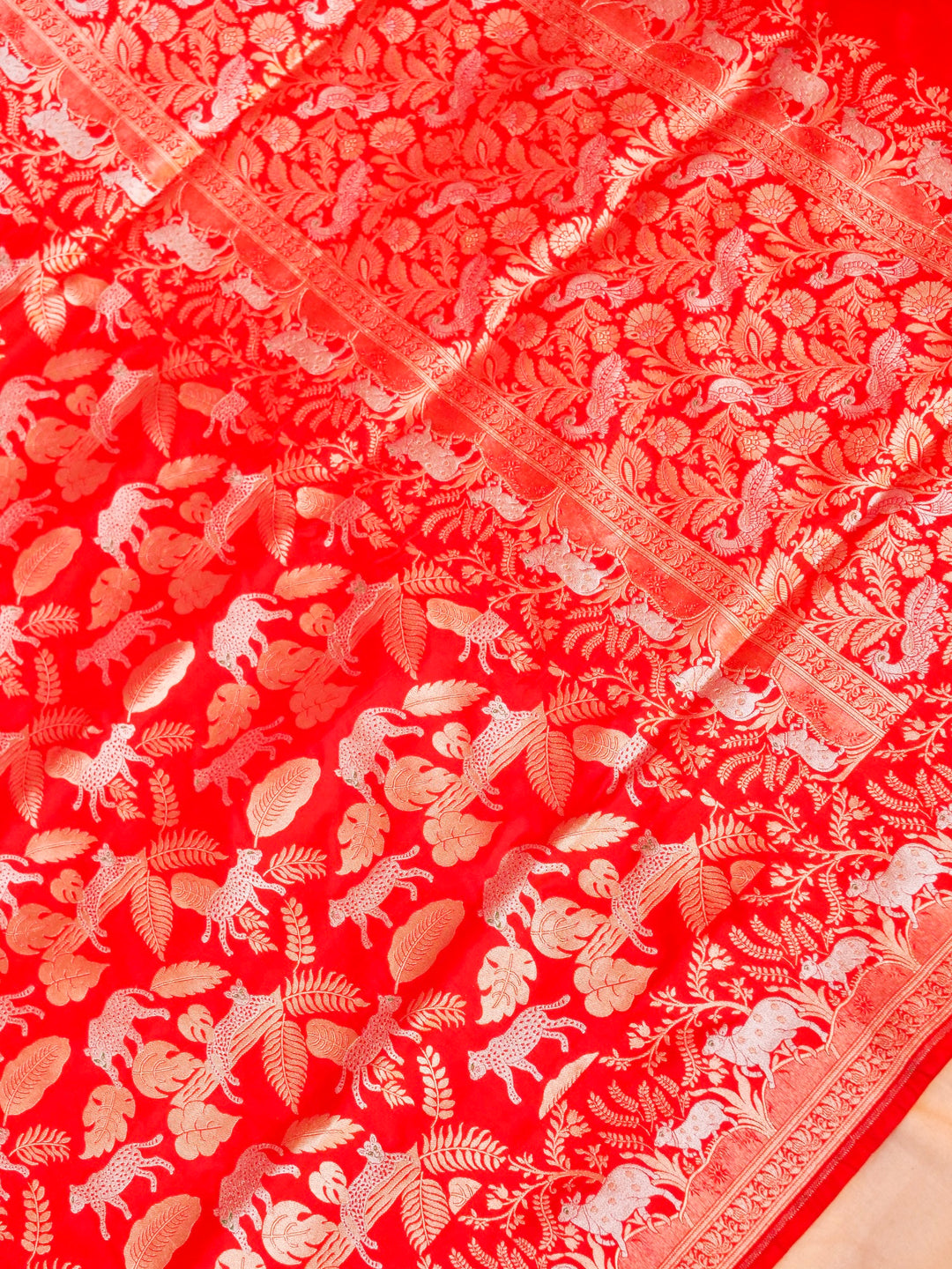 Handloom Red Katan Silk Flora & Fauna Designer Zari Saree