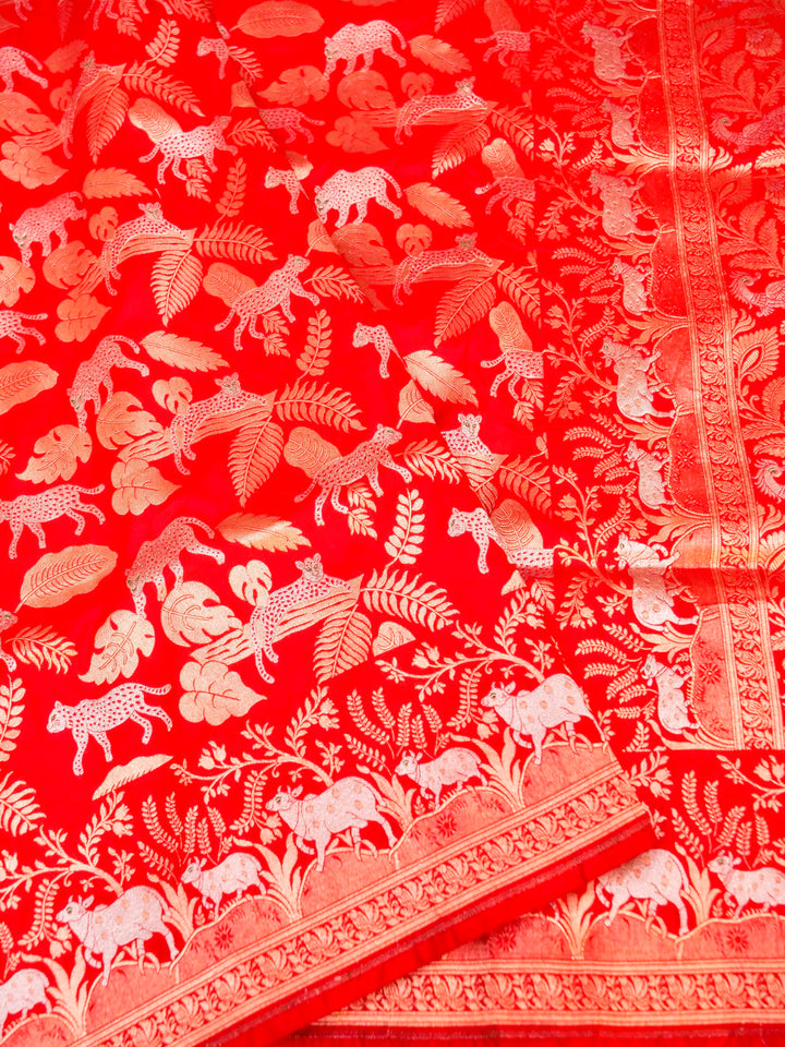 Handloom Red Katan Silk Flora & Fauna Designer Zari Saree