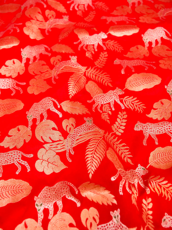 Handloom Red Katan Silk Flora & Fauna Designer Zari Saree