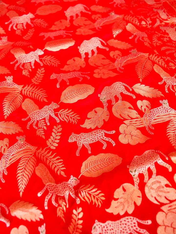Handloom Red Katan Silk Flora & Fauna Designer Zari Saree