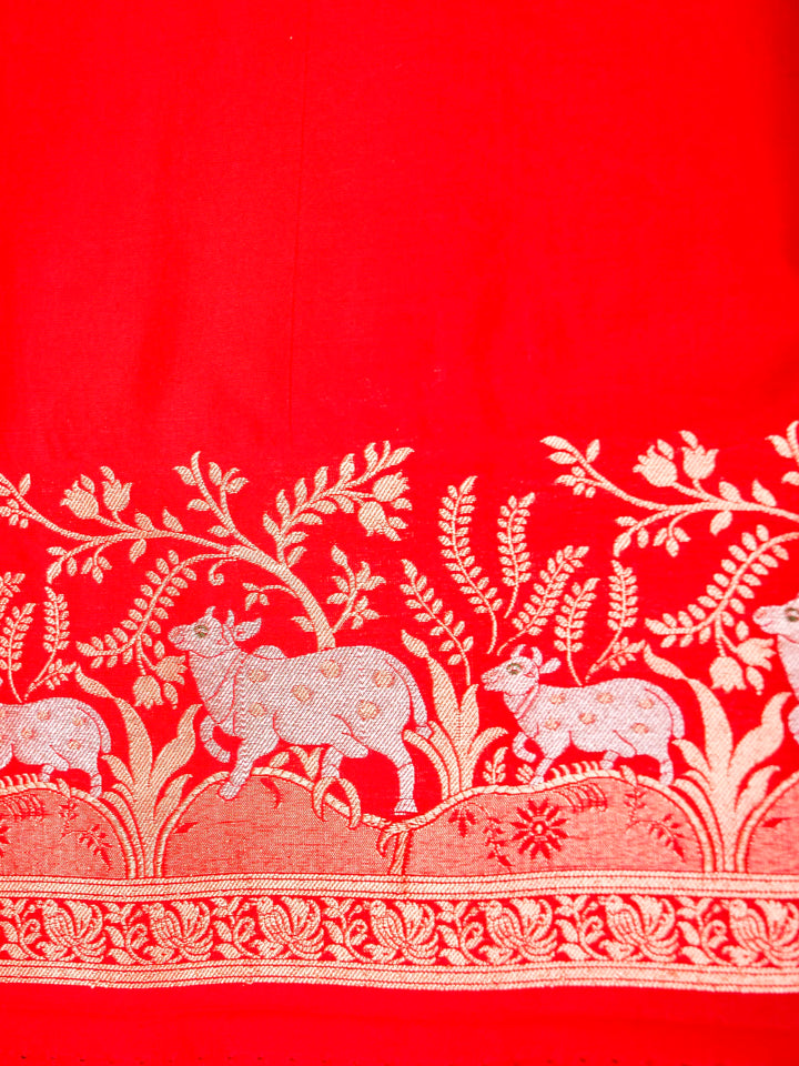 Handloom Red Katan Silk Flora & Fauna Designer Zari Saree
