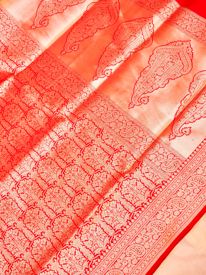 Pure Handloom Banarasi Red Meenakari Jaal Katan Silk Saree