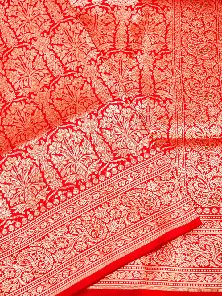 Pure Handloom Banarasi Red Meenakari Jaal Katan Silk Saree