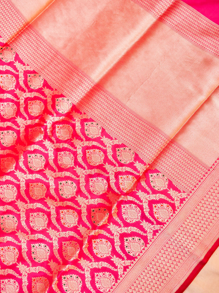 Pure Handloom Banarasi Rani Pink Meenakari Kadwa Boota Katan Silk Saree