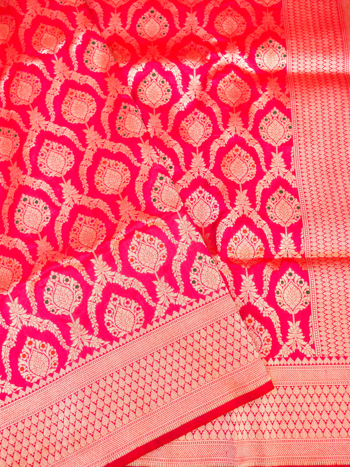 Pure Handloom Banarasi Rani Pink Meenakari Kadwa Boota Katan Silk Saree