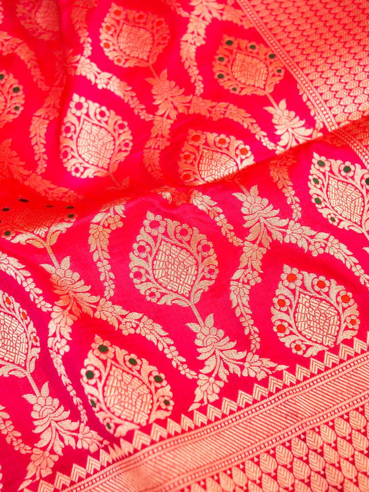 Pure Handloom Banarasi Rani Pink Meenakari Kadwa Boota Katan Silk Saree