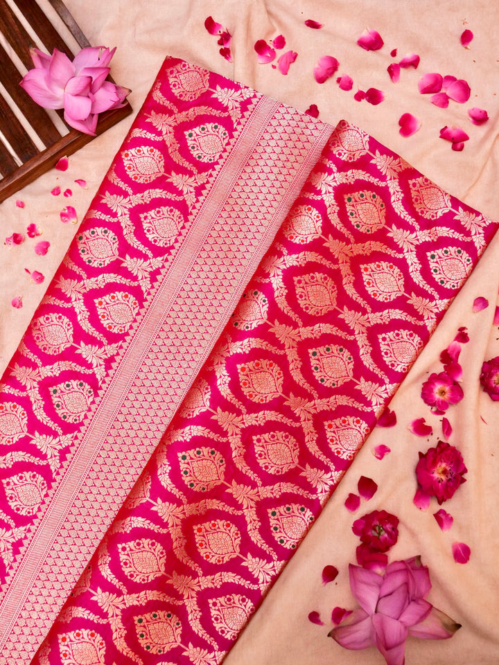 Pure Handloom Banarasi Rani Pink Meenakari Kadwa Boota Katan Silk Saree