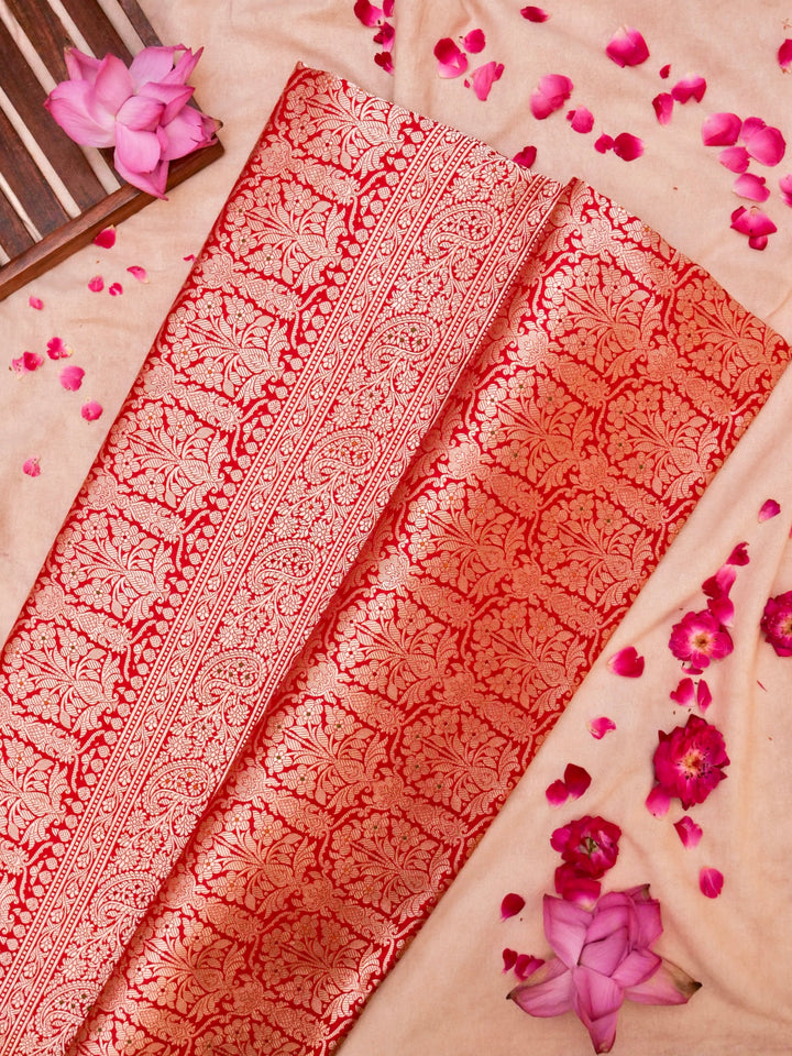 Pure Handloom Banarasi Red Meenakari Jaal Katan Silk Saree
